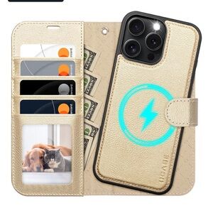 iPhone 16 Max wristlet Gold Leather Wallet folio Phone Case for RFID blocking